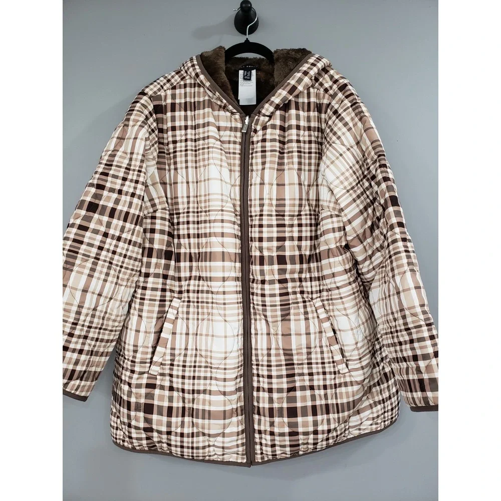 NWOT SUSAN GRAVE Reversible Quilted Woven Fleece‎ Jacket TAUPE PLAID 1X Coat